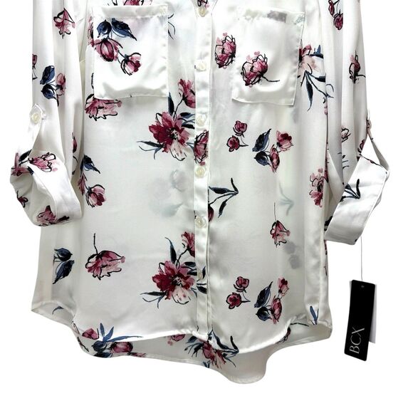 New BCX Floral Button-Down Blouse With Roll-Up Sleeves Medium White Pink Sheer - Picture 9 of 11
